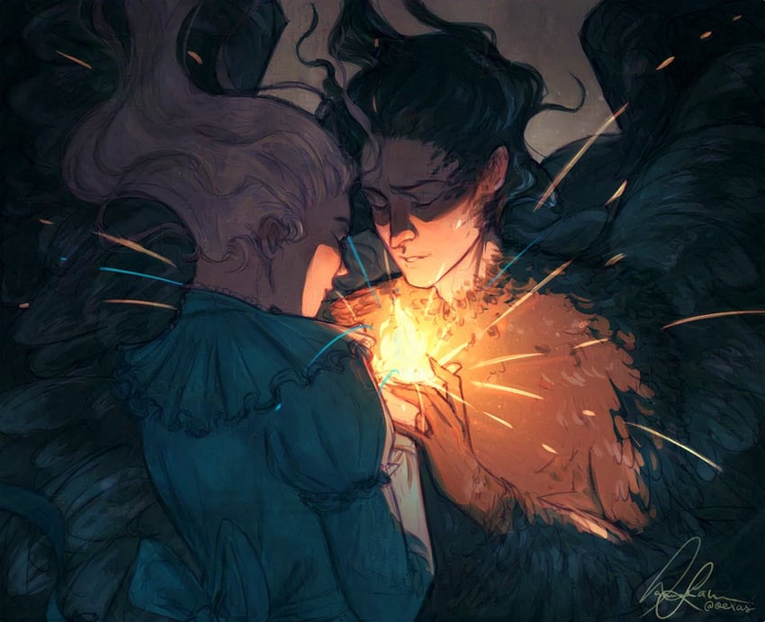 howl pendragon, sophie hatter, and calcifer (howl no ugoku shiro) drawn by oexas