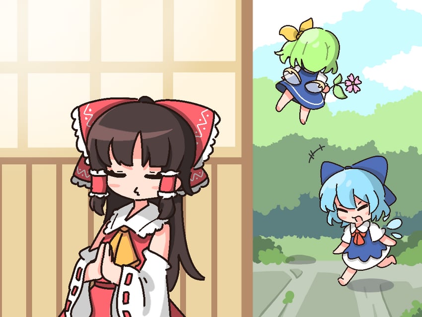 hakurei reimu, cirno, and daiyousei (touhou) drawn by batta_0214