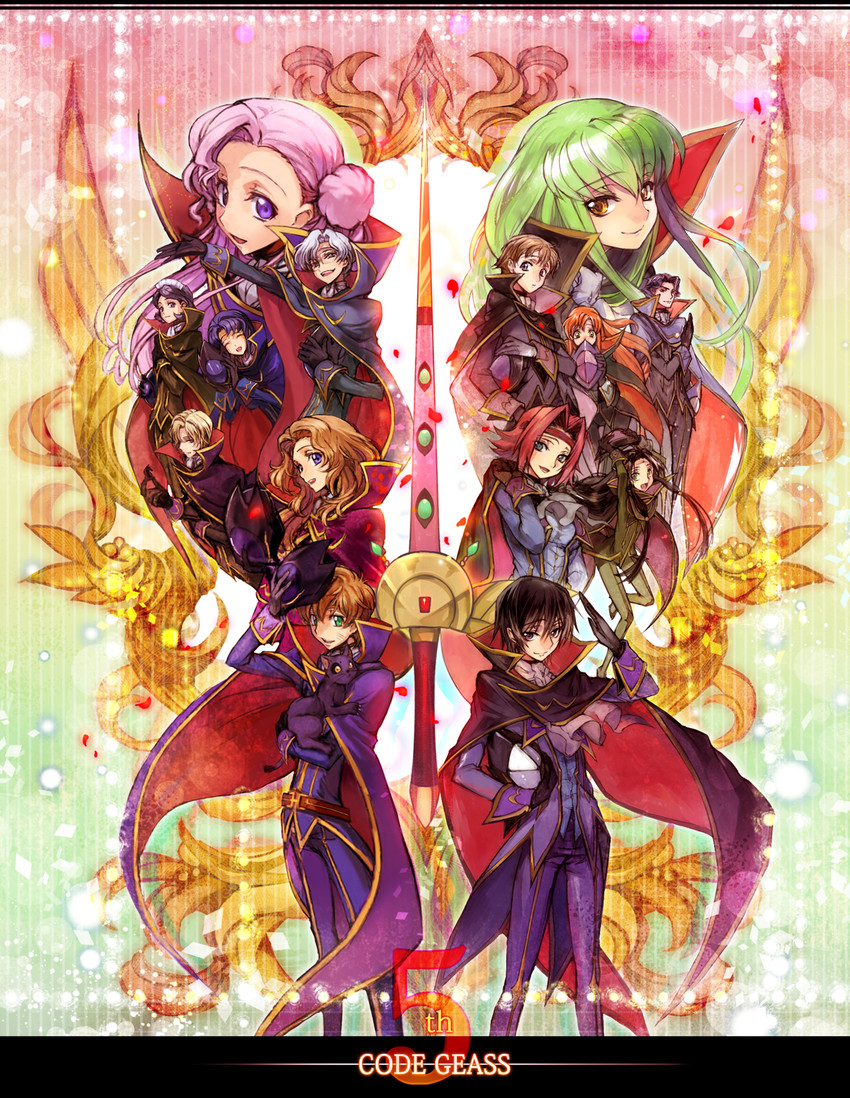 c.c., lelouch vi britannia, kouzuki kallen, kururugi suzaku, nunnally vi britannia, and 11 more (code geass) drawn by c_(rahit) and creayus