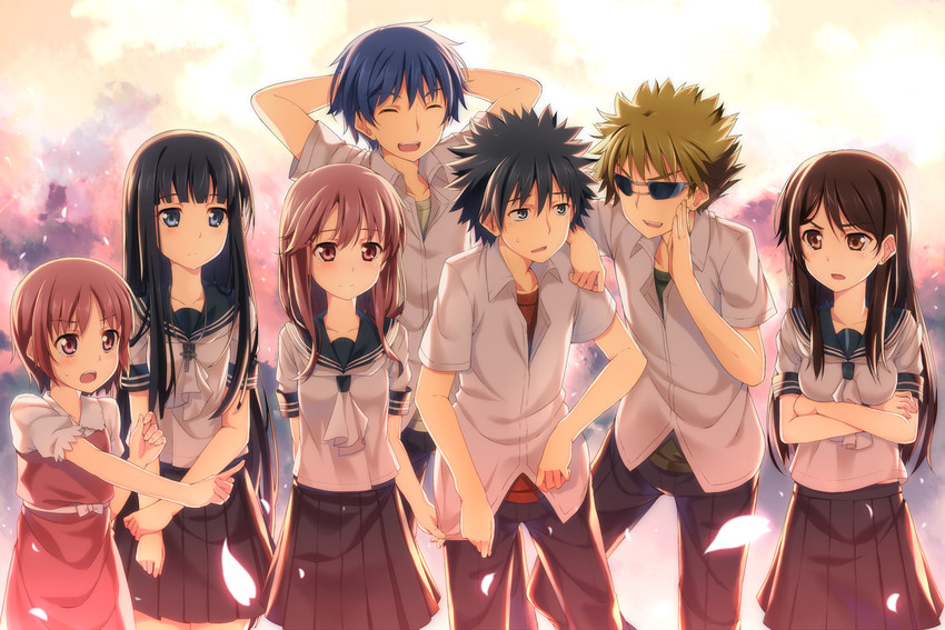 kamijou touma, fukiyose seiri, tsukuyomi komoe, tsuchimikado motoharu, himegami aisa, and 2 more (toaru majutsu no index and 2 more) drawn by yuuri_nayuta