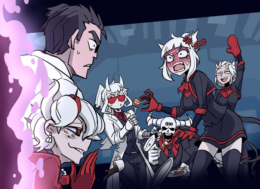 lucifer, justice, helltaker, beelzebub, loremaster, and 1 more (helltaker) drawn by kimleon