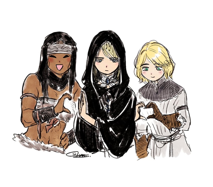 fia the deathbed companion, roderika, and nepheli loux (elden ring) drawn by haruichi_(haruichithm)