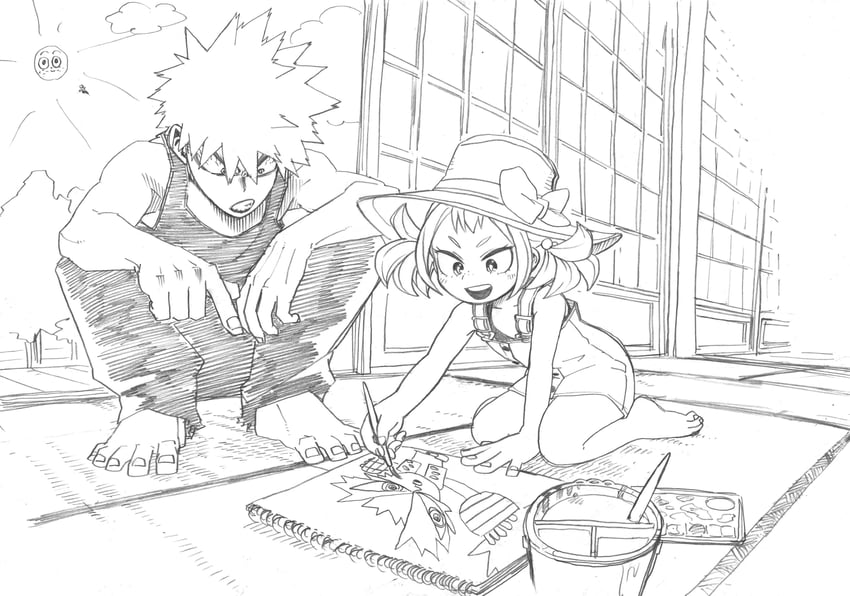 midoriya izuku, bakugou katsuki, and shimano mahoro (boku no hero academia) drawn by horikoshi_kouhei