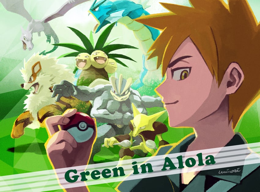 blue oak, arcanine, gyarados, machamp, alakazam, and 2 more (pokemon and 1 more) drawn by uninori