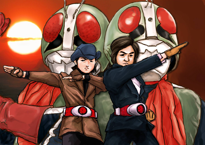 kamen rider 1, kamen rider 2, hongou takeshi, and ichimonji hayato (kamen rider) drawn by mougira