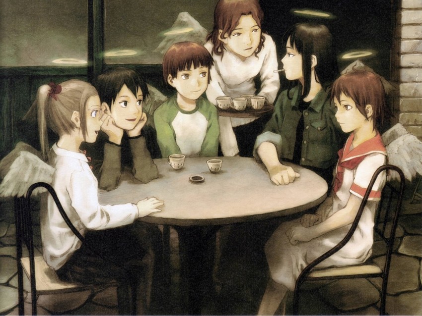 rakka, reki, kana, hikari, nemu, and 1 more (haibane renmei) drawn by abe_yoshitoshi