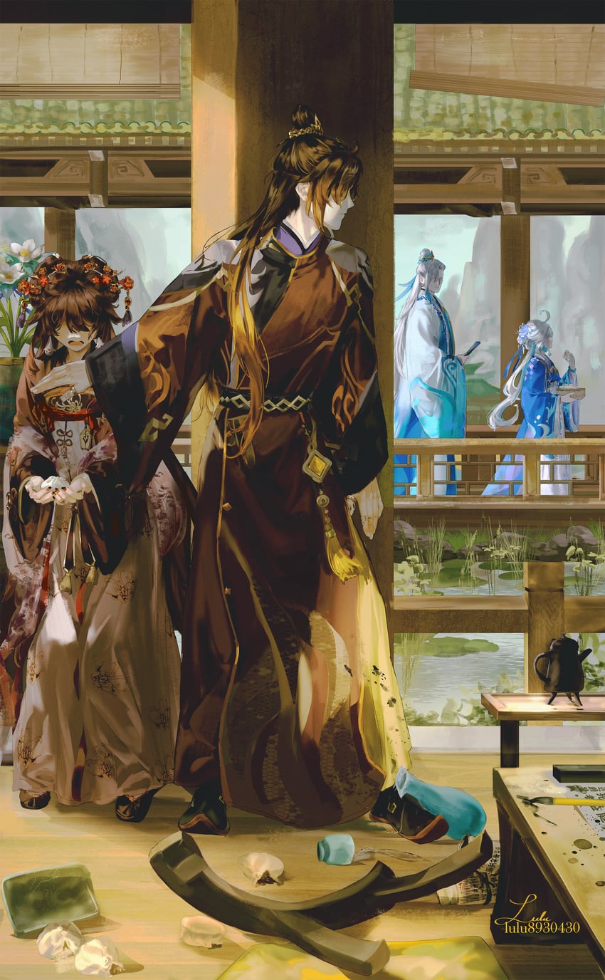 hu tao, furina, zhongli, and neuvillette (genshin impact) drawn by lluluchwan