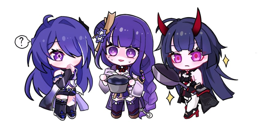 raiden shogun, acheron, raiden mei, and sawashiro miyuki (genshin impact and 4 more) drawn by saewon