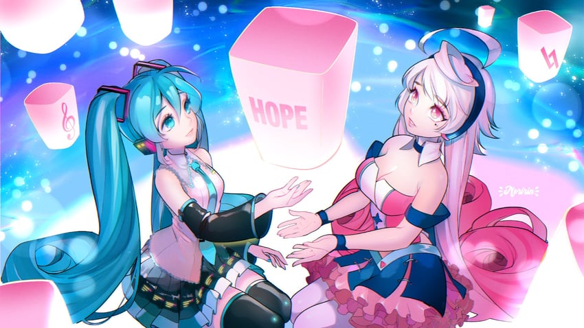 hatsune miku and maika (vocaloid) drawn by noririnhayashi