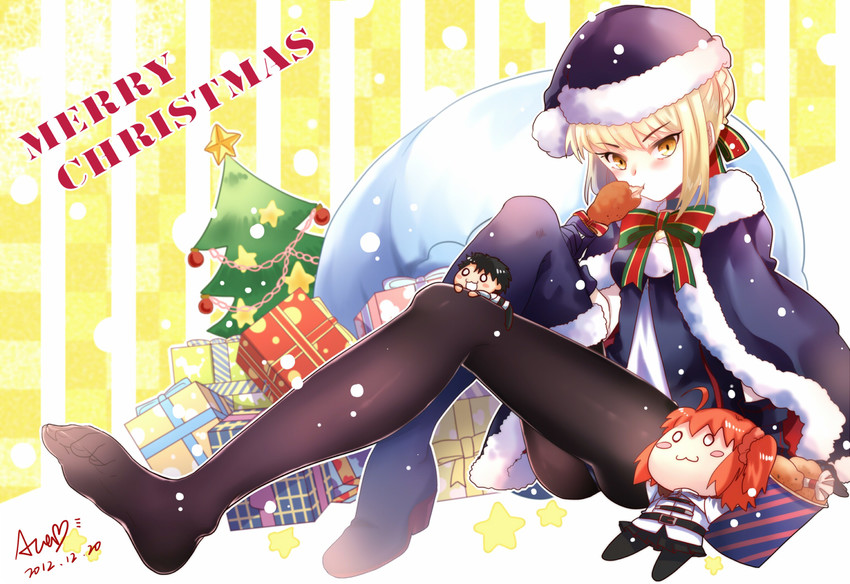 artoria pendragon, fujimaru ritsuka, saber alter, and santa alter (fate and 1 more) drawn by puyue