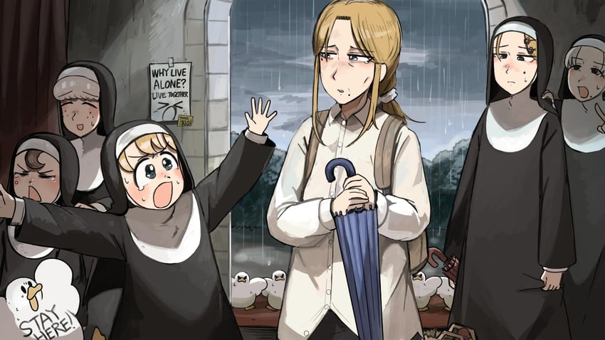 clumsy nun, froggy nun, strict nun, sheep nun, smug nun, and 1 more (little nuns) drawn by diva_(hyxpk)