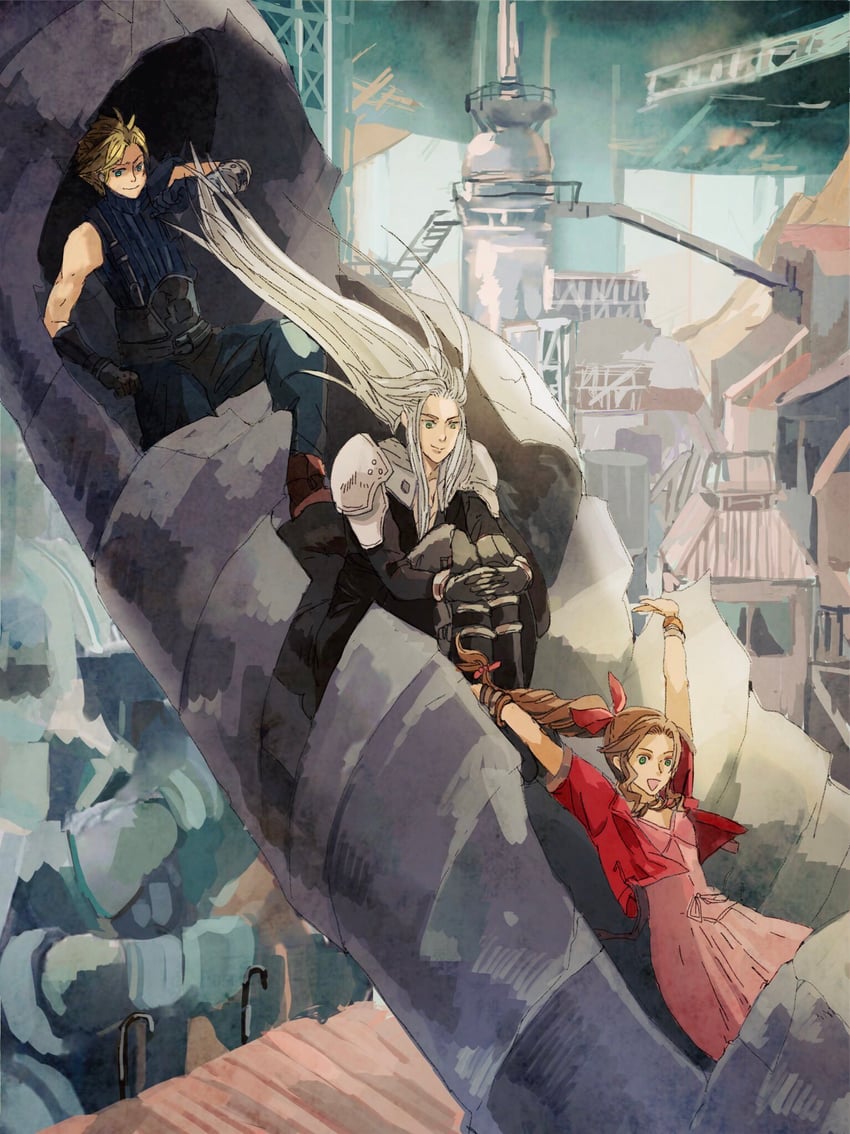 cloud strife, aerith gainsborough, and sephiroth (final fantasy and 2 more) drawn by bombyxmori_ckr