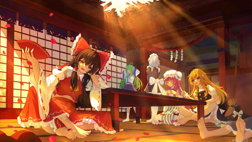 hakurei reimu, kirisame marisa, izayoi sakuya, kochiya sanae, patchouli knowledge, and 1 more (touhou) drawn by benzi_li