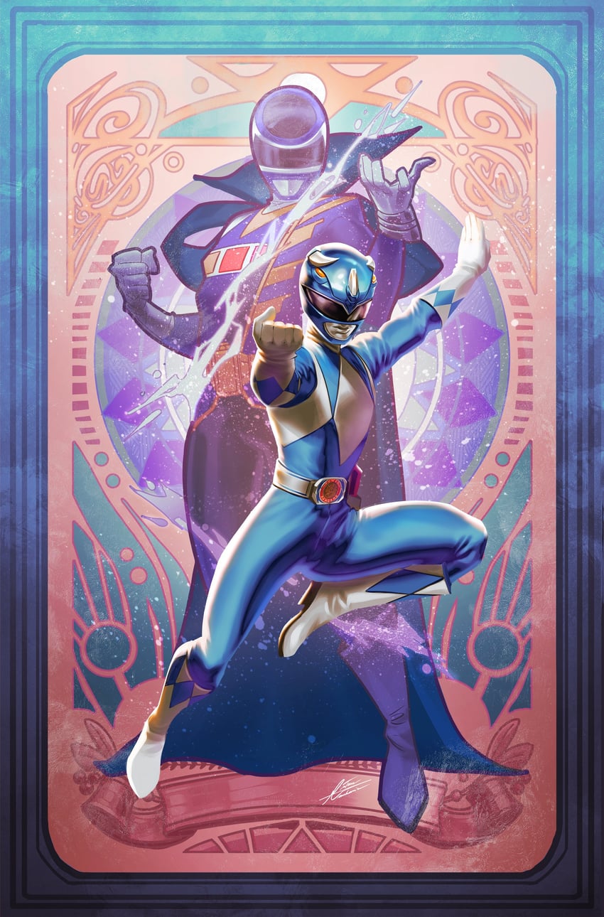 tricera ranger, mighty morphin blue ranger, mega blue, and blue space ranger (super sentai and 5 more) drawn by tintanega