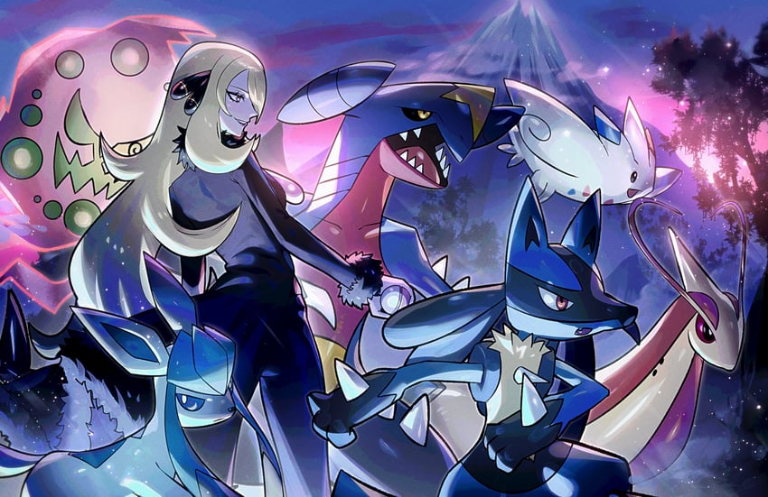 cynthia, lucario, glaceon, garchomp, milotic, and 2 more (pokemon and 1 more) drawn by ryairyai