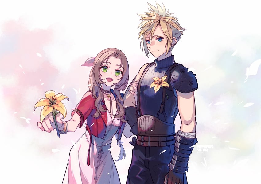 cloud strife and aerith gainsborough (final fantasy and 3 more) drawn by cha_niao_(strxscs)