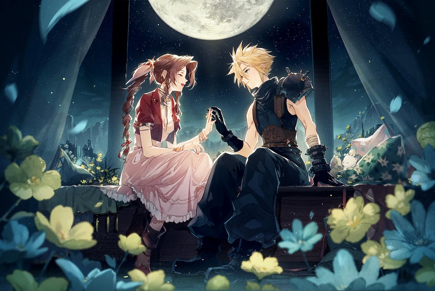 cloud strife, aerith gainsborough, and moogle (final fantasy and 2 more) drawn by kieta