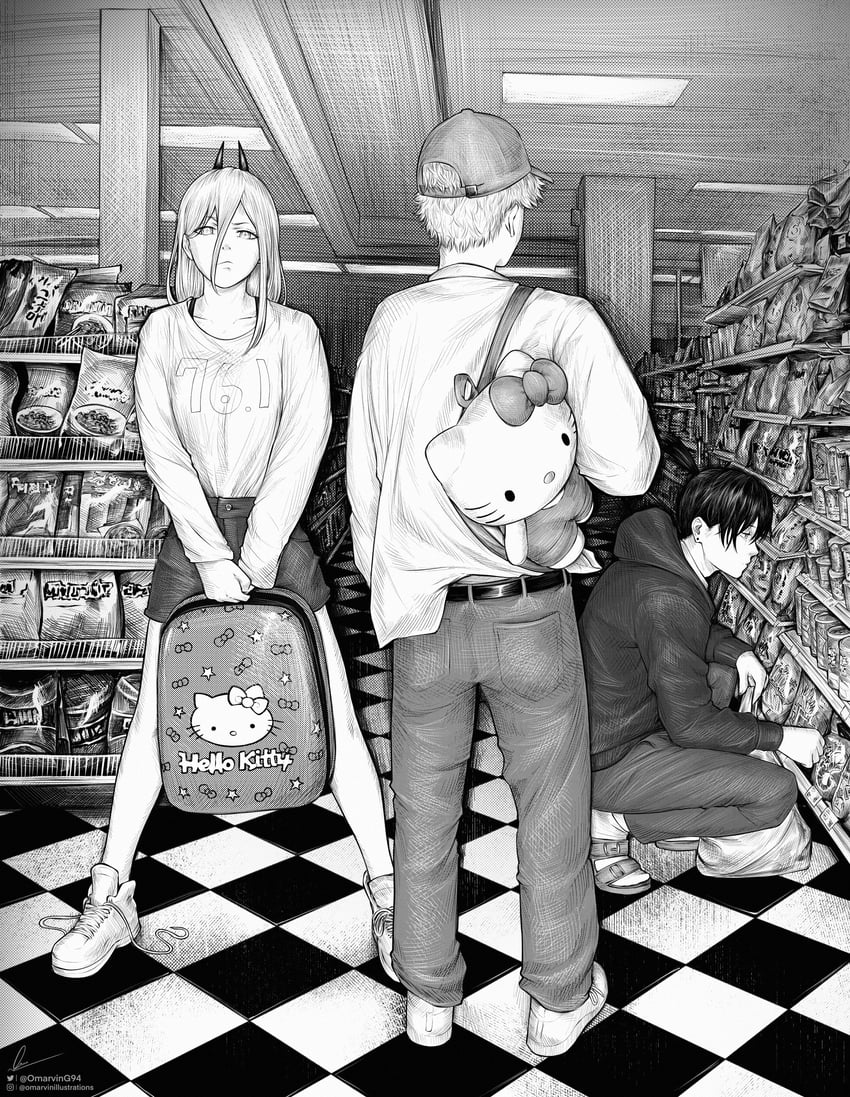 power, denji, hayakawa aki, and hello kitty (chainsaw man and 2 more) drawn by marvin_(omarvin)