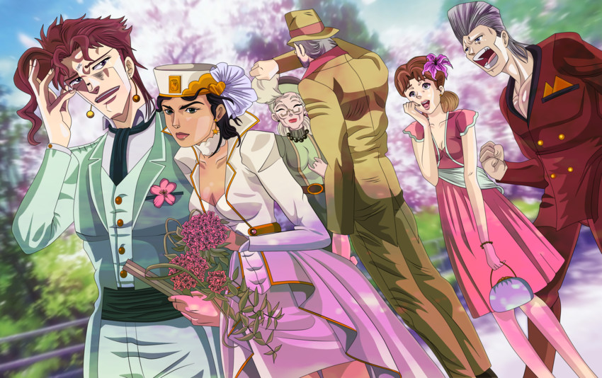 joseph joestar, kujo jotaro, kakyoin noriaki, jean pierre polnareff, and kujo holy (jojo no kimyou na bouken and 2 more) drawn by lady-jotaro