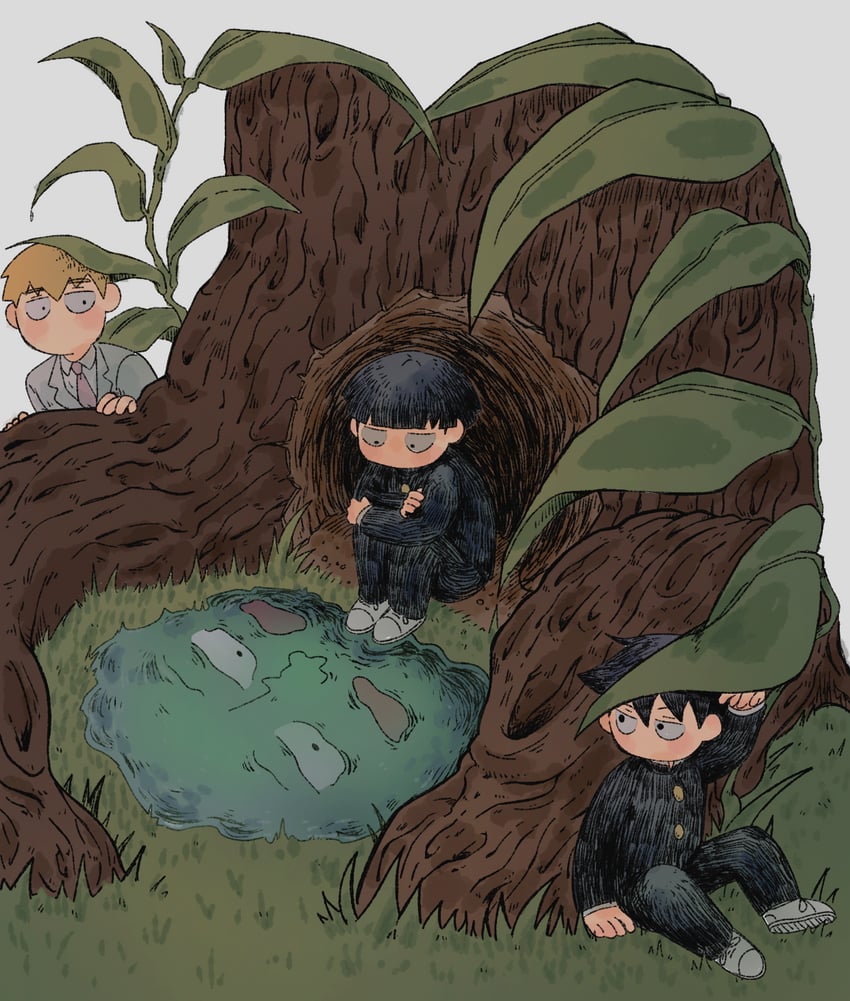 kageyama shigeo, reigen arataka, kageyama ritsu, and ekubo (mob psycho 100) drawn by cutystuffy
