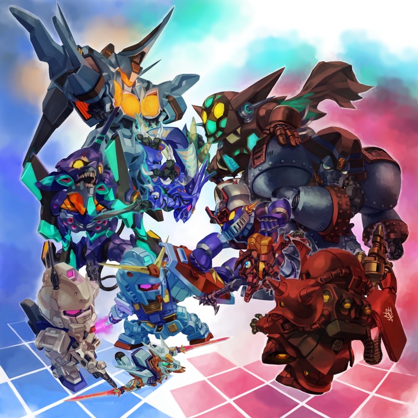 rx-78-2 gundam, eva 01, zaku ii, mazinger z, zaku ii s char custom, and 10 more (gundam and 11 more) drawn by aburaya_tonbi