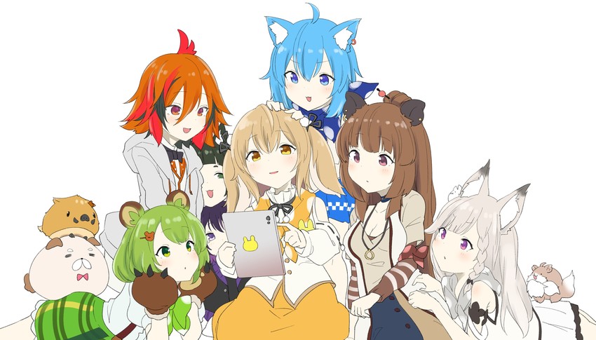 souya ichika, shiromiya mimi, kazami kuku, hinokuma ran, yunohara izumi, and 3 more (nanashi inc. and 1 more) drawn by goukin-man