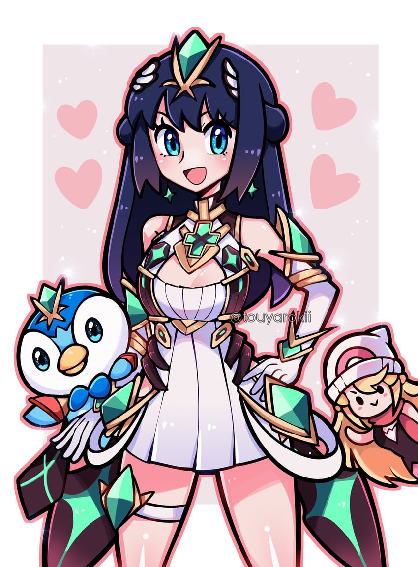 dawn, mythra, and piplup (pokemon and 3 more) drawn by touyarokii
