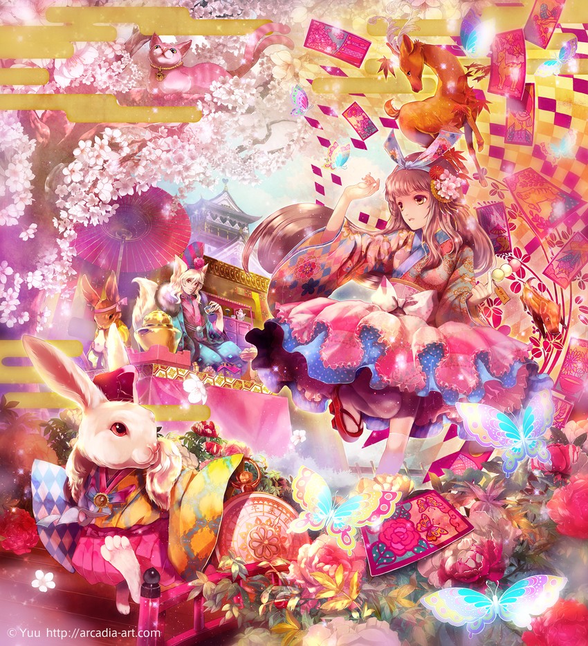 white rabbit, cheshire cat, and mad hatter (alice's adventures in wonderland) drawn by yuu_(arcadia)