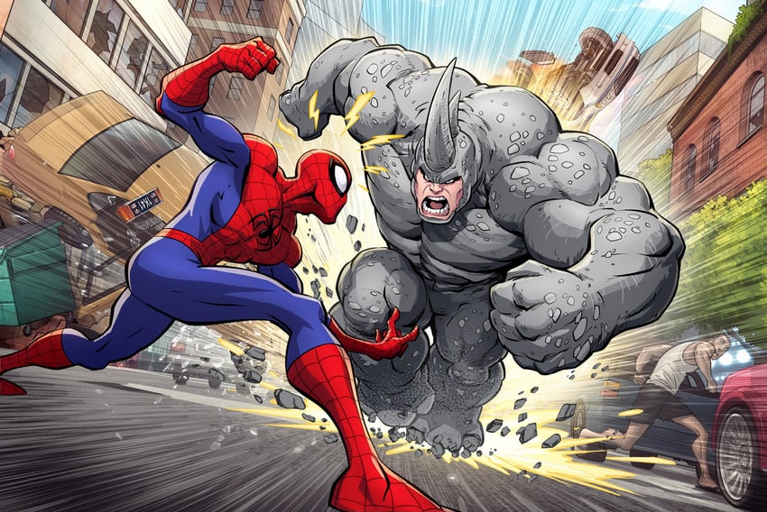 spider-man, peter parker, and rhino (marvel and 1 more) drawn by patrick_brown