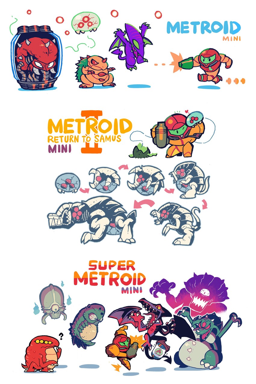 samus aran, metroid, metroid larva, ridley, mother brain, and 9 more (metroid and 2 more) drawn by rariatto_(ganguri)
