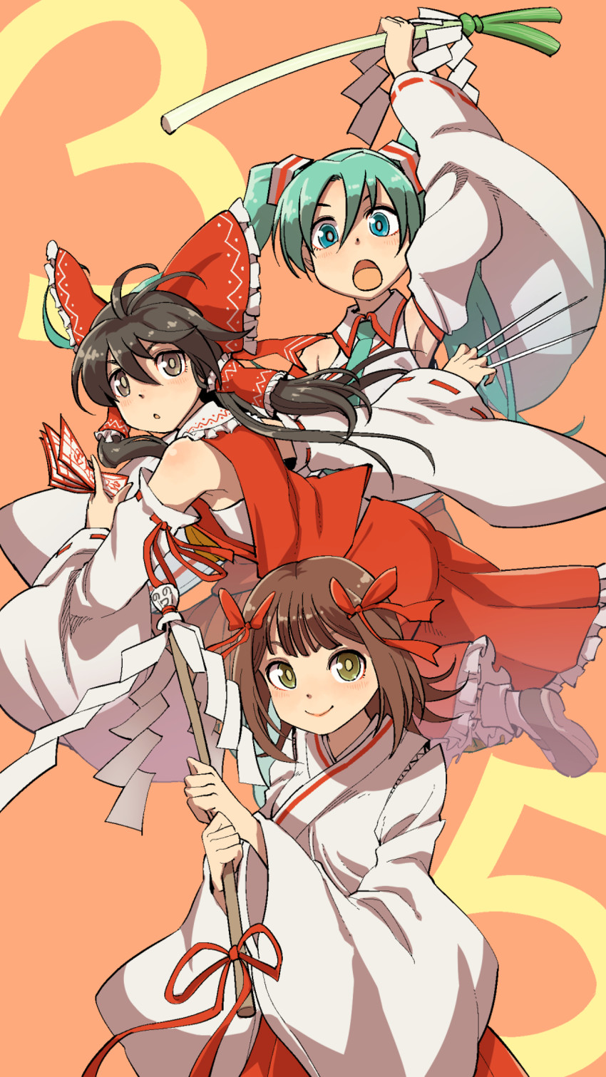 hatsune miku, hakurei reimu, and amami haruka (touhou and 2 more) drawn by chiaki_rakutarou