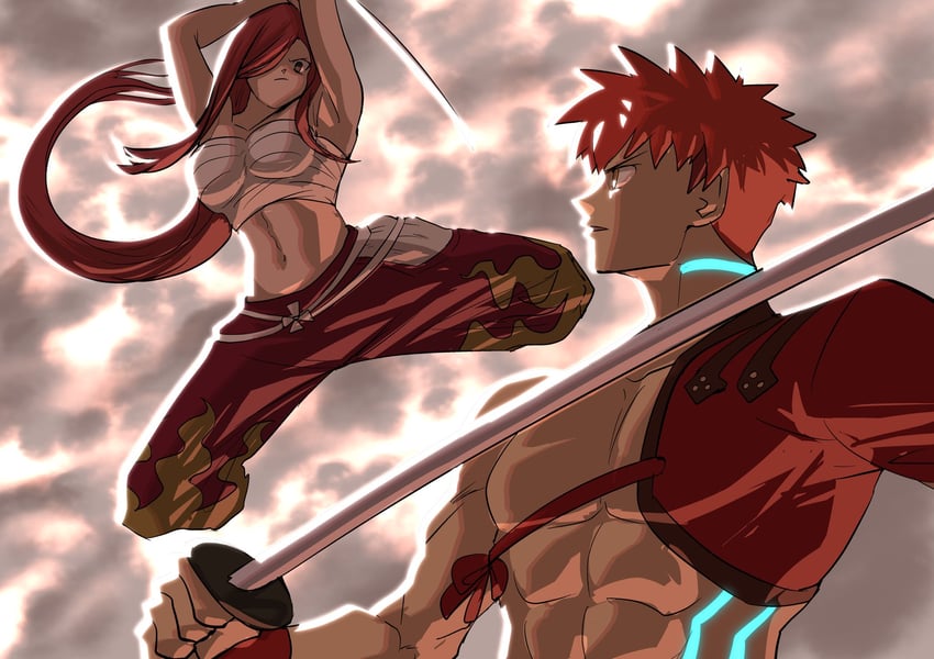 emiya shirou, senji muramasa, and erza scarlet (fate and 2 more) drawn by batm_andrew