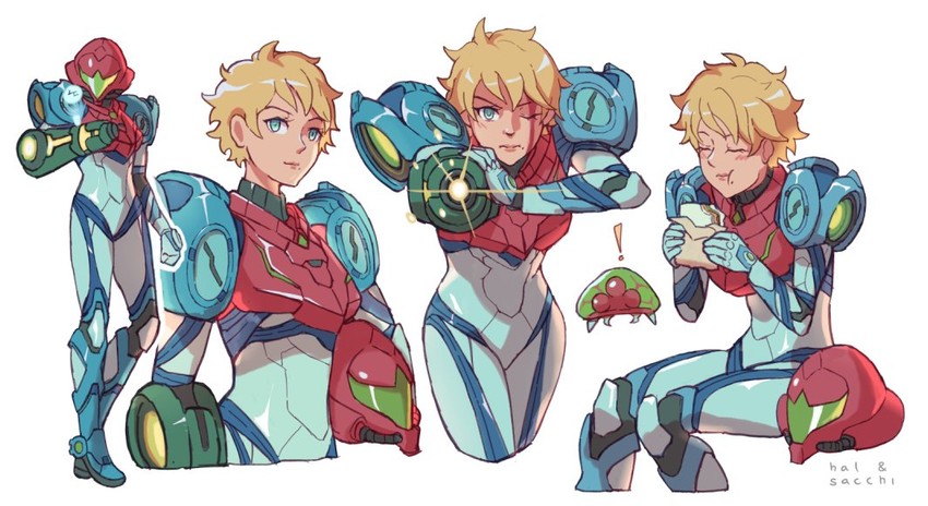 samus aran, metroid, and metroid larva (metroid and 1 more) drawn by hal_sacchi