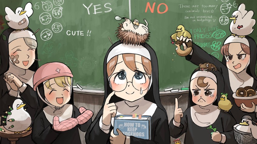clumsy nun, froggy nun, glasses nun, hungry nun, and leaf nun (little nuns) drawn by diva_(hyxpk)