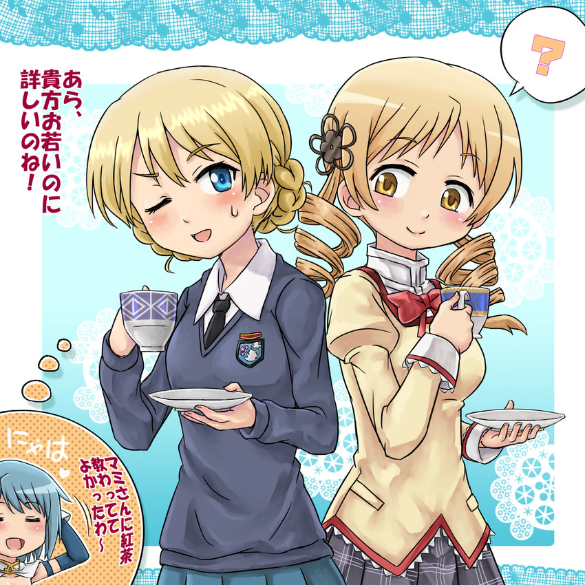 miki sayaka, tomoe mami, darjeeling, and kitamura eri (mahou shoujo madoka magica and 1 more) drawn by domoge