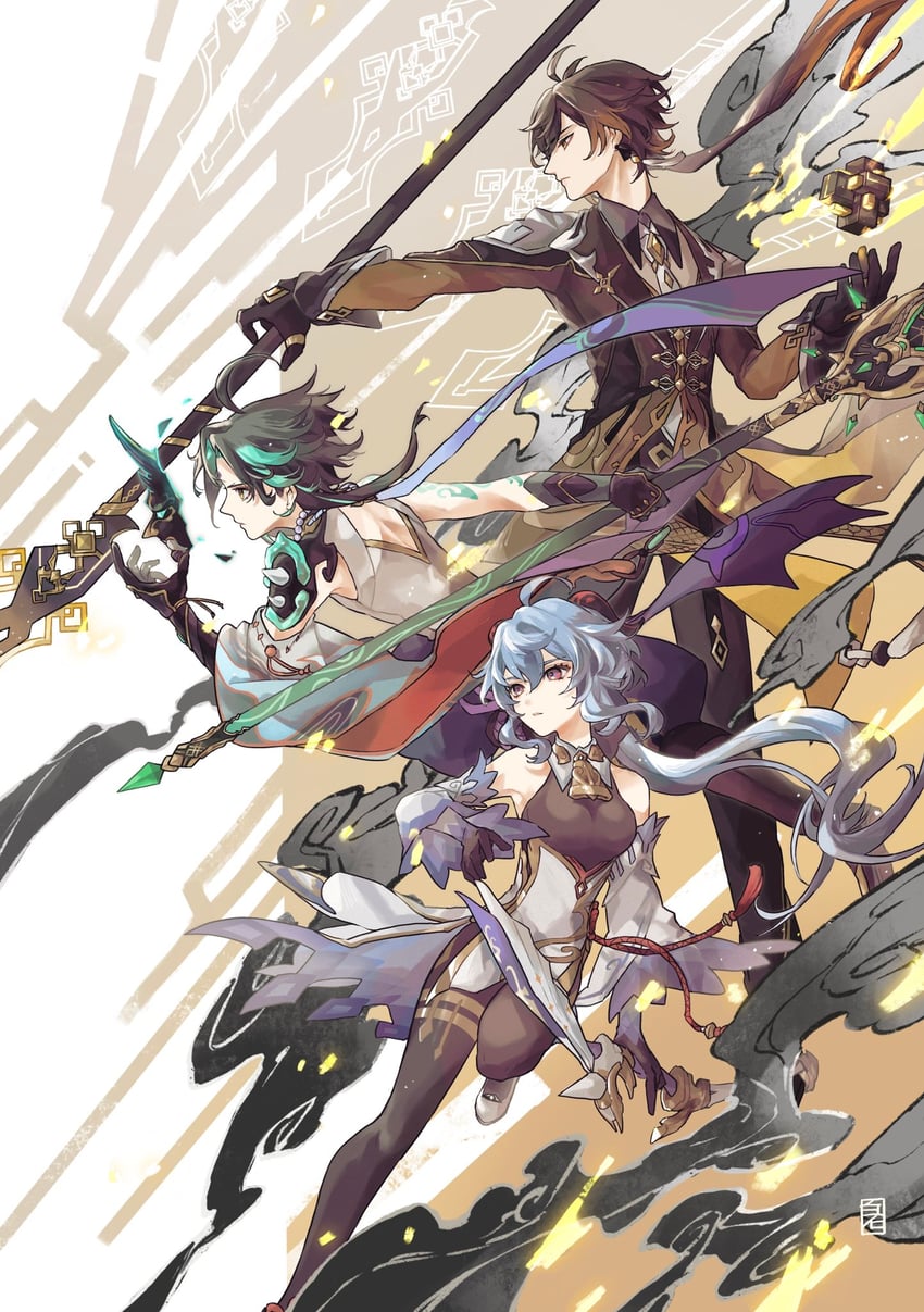ganyu, zhongli, and xiao (genshin impact) drawn by shiraishi_(siraisi00)