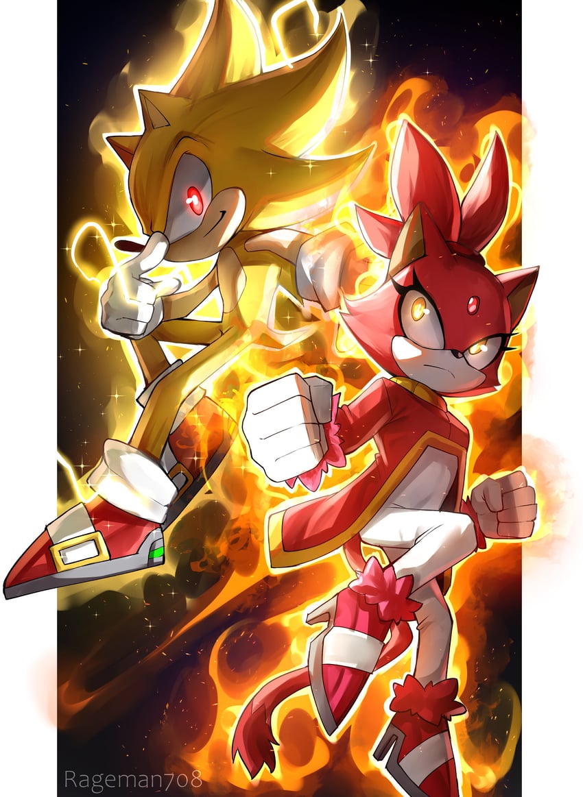 sonic the hedgehog, blaze the cat, super sonic, and burning blaze (sonic and 2 more) drawn by rageman709