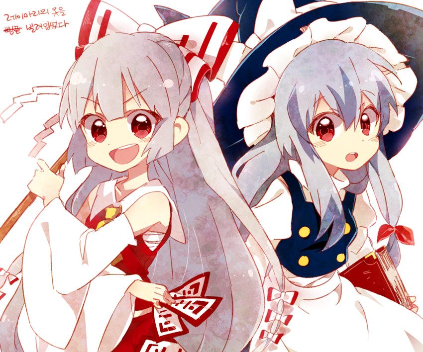 hakurei reimu, kirisame marisa, fujiwara no mokou, and kamishirasawa keine (touhou) drawn by 6_(yuchae)
