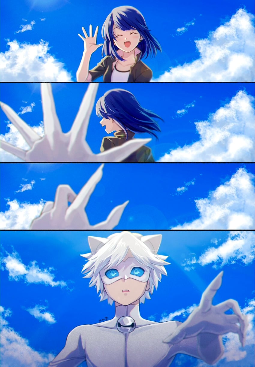 marinette dupain-cheng, adrien agreste, and chat blanc (miraculous ladybug) drawn by hm89509321