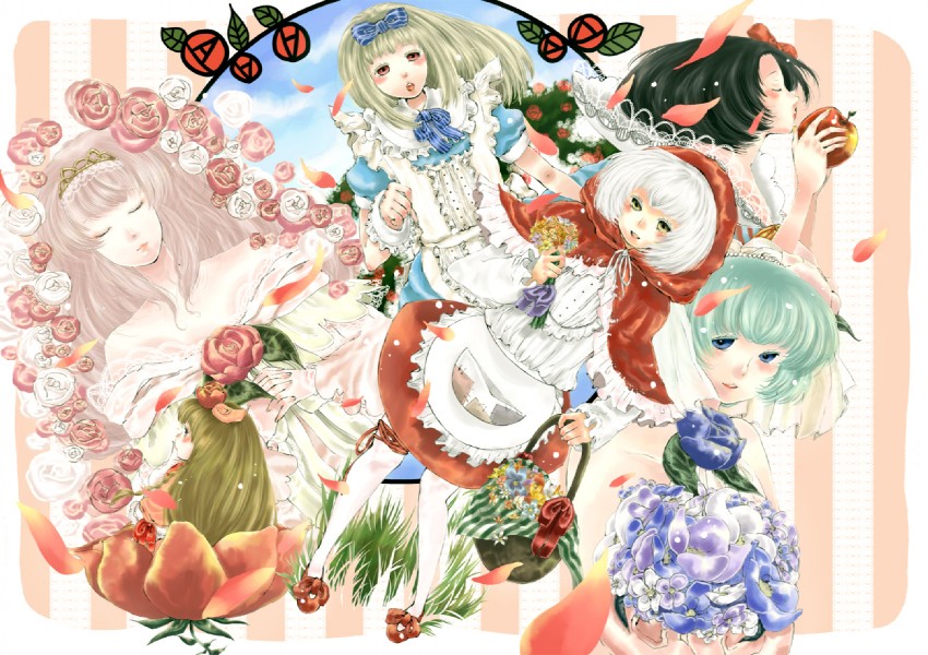 alice, little red riding hood, snow white, sleeping beauty, and thumbelina (original and 5 more) drawn by nukorodanngo