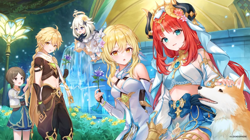 lumine, aether, paimon, and nilou (genshin impact) drawn by higeneko