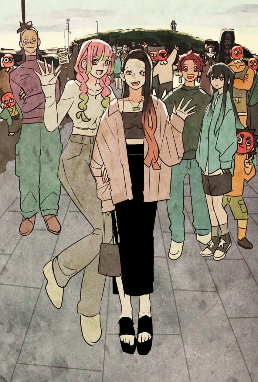 kamado nezuko, kanroji mitsuri, kamado tanjirou, tokitou muichirou, shinazugawa genya, and 7 more (kimetsu no yaiba) drawn by takeuchi_ryousuke