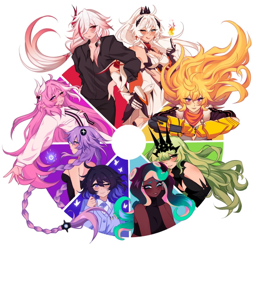 kiana kaslana, fu hua, seele vollerei, yang xiao long, elysia, and 3 more (honkai and 5 more) drawn by minxinq