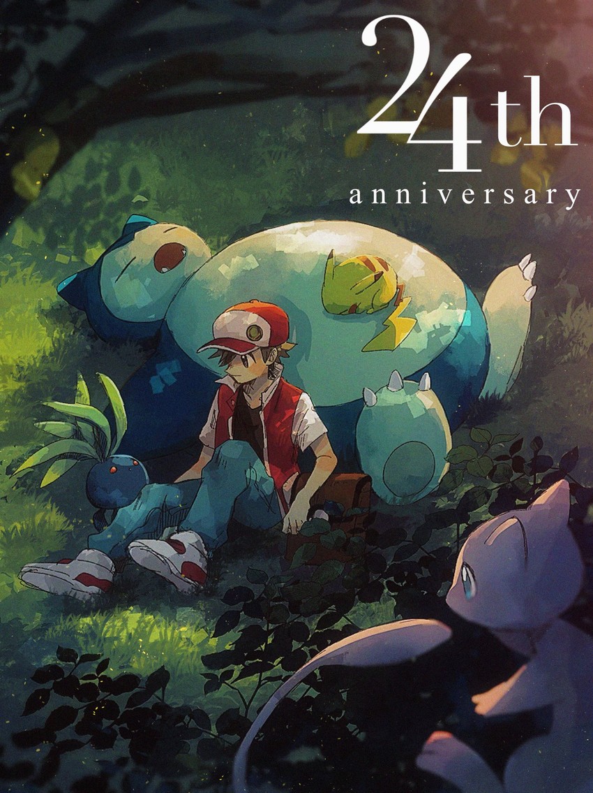 pikachu, red, mew, snorlax, and oddish (pokemon and 1 more) drawn by hanenbo