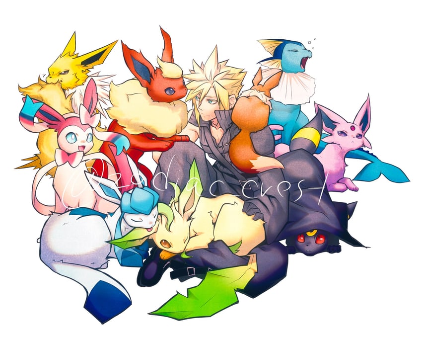 cloud strife, eevee, sylveon, umbreon, glaceon, and 5 more (pokemon and 3 more) drawn by rukashio