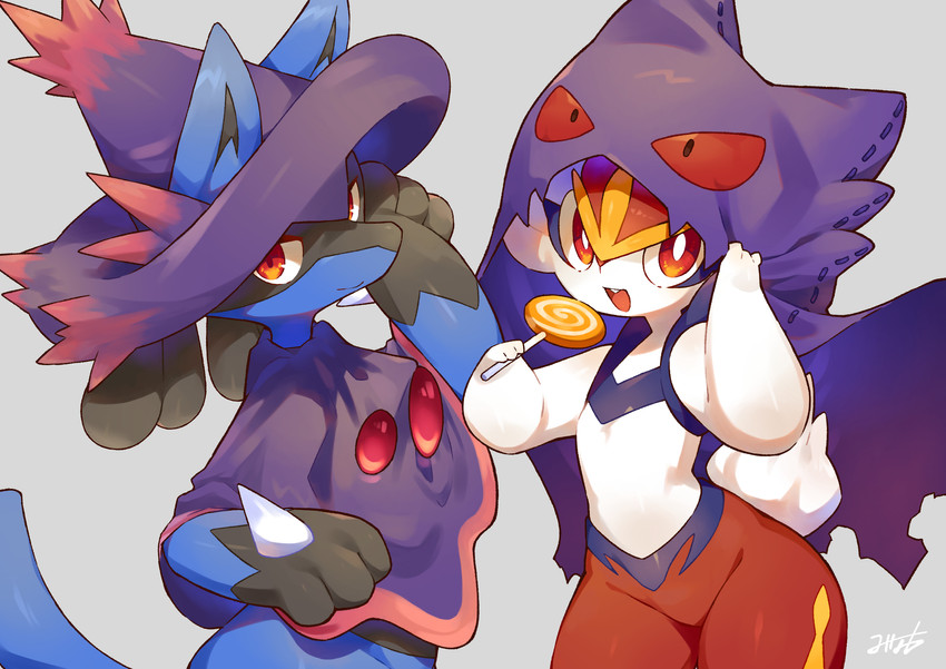 lucario, gengar, cinderace, and mismagius (pokemon) drawn by minamo_(pixiv17726065)