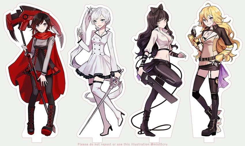 ruby rose, weiss schnee, yang xiao long, and blake belladonna (rwby) drawn by ecru