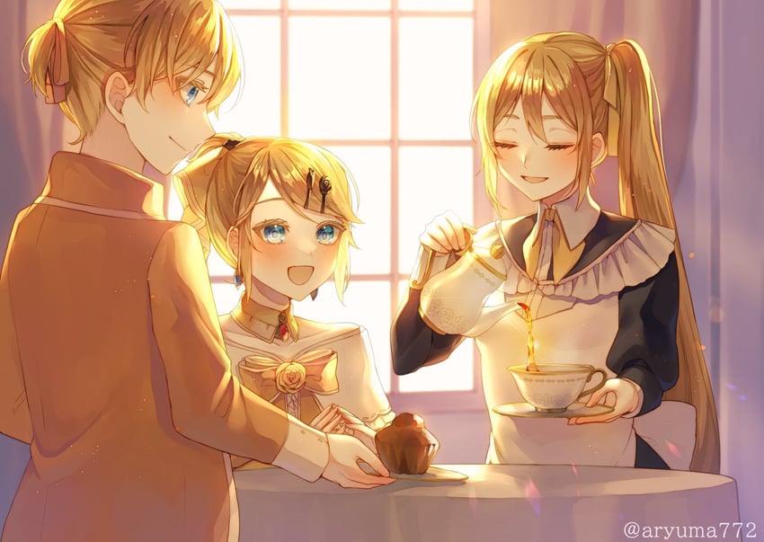 kagamine rin, kagamine len, akita neru, riliane lucifen d'autriche, allen avadonia, and 1 more (vocaloid and 3 more) drawn by aryuma772