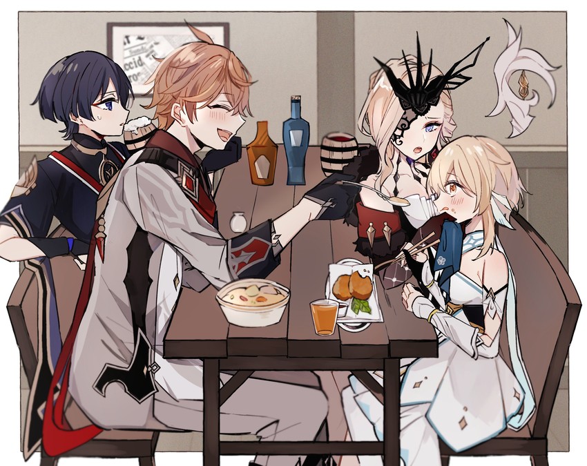 lumine, scaramouche, tartaglia, and signora (genshin impact) drawn by gnsnkk