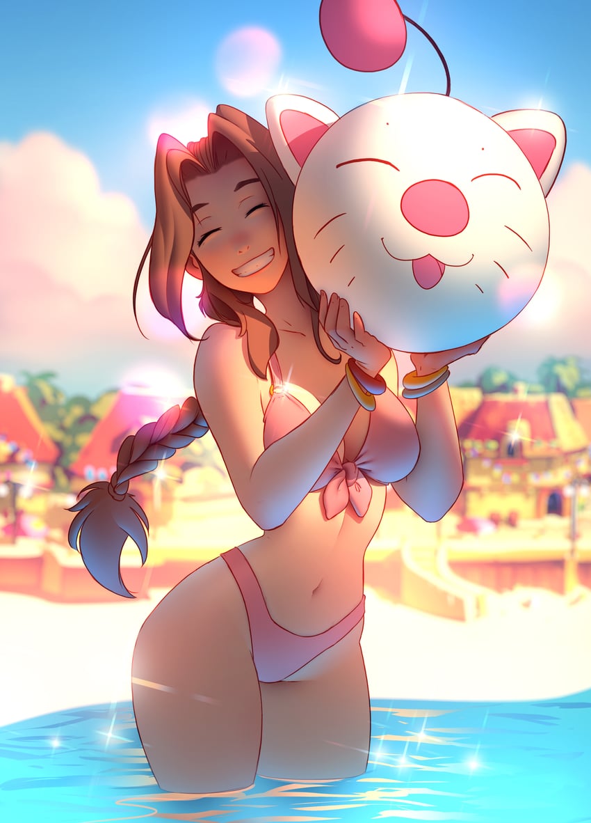 aerith gainsborough and moogle (final fantasy and 1 more) drawn by raichiyo33 and tsuaii